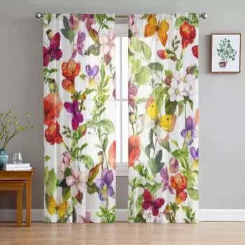 Тюлевые шторы с цветами, дикими травами и бабочками для гостиной, прозрачные занавески для спальни, вуаль из органзы, декоративные шторы 135W x 114H(cm)