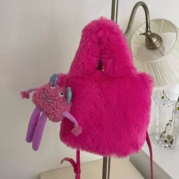 Fluffy Bag for Women In Autumn and Winter New Rose Red Handbag Doll Monster Furry Bucket Bag