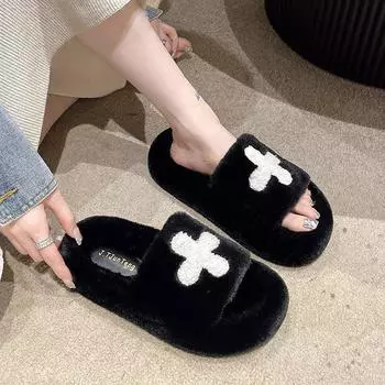 Fluffy Fuzzy Slippers Women New 2024 Fashion Cross Cloth Winter Home Slides Open Toe Soft Sole Cotton Slippers Female Plush Shoe 35 чёрный