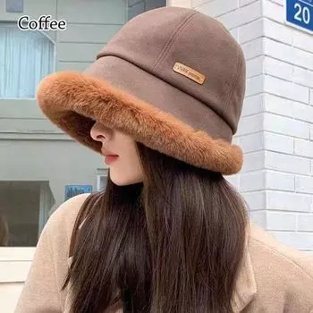 Fluffy Plush Bucket Hat Thick Warm Panama Basin Cap Outdoor Fisherman Cap for Women кофейный