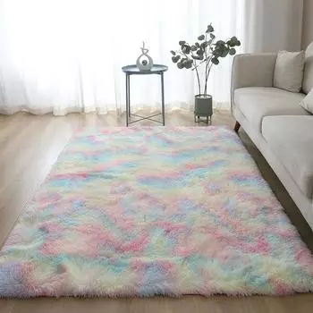 Fluffy Rainbow Rug Soft Tie Dyeing Shaggy Area Rug Living Room Study Mat Bedroom Bedside Thick Plush Carpet Floor Mat Home Decor 40x60cm