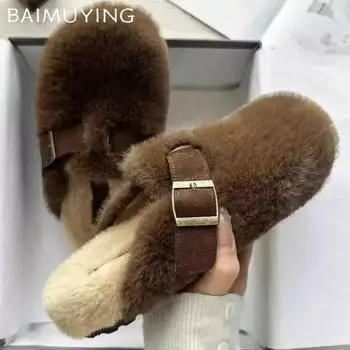 Fluffy Slippers Women Fur Warm Flats Cotton Shoes Woman 2025 Trend Winter Short Plush Mules Shoes Brand Casual Snow Botas Mujer 35 коричневый