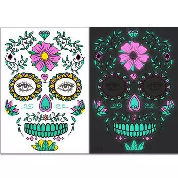 Fluorescent Halloween Face Tattoo Sticker Day Of The Dead Funny Temporary Neon Face Sticker For Festival Masquerade Party Makeup 1pcs