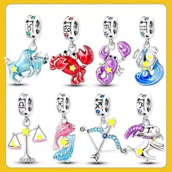 Флуоресцентные двенадцать созвездий, знак звезды, стерлингового серебра 925 пробы, бусины со знаками зодиака, подходят для оригинального нового браслета, шейного платка, сделай сам белый