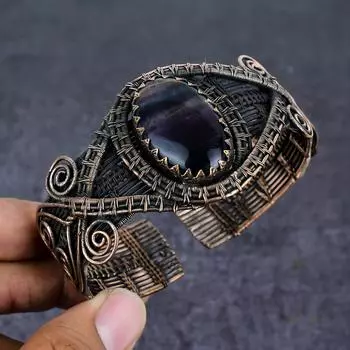 Fluorite Gemstone Handmade Copper Wire Wrap Cuff Bangle Adjustable o2D81