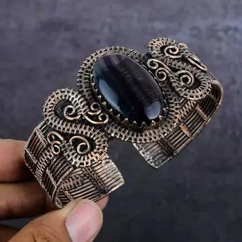 Fluorite Gemstone Handmade Copper Wire Wrap Cuff Bangle Adjustable z2R64