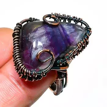 Кольцо из медной проволоки ручной работы с драгоценным камнем флюорит, размер 8,5