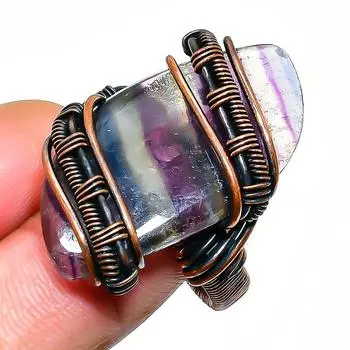 Кольцо из медной проволоки ручной работы с драгоценным камнем флюорит, размер 8