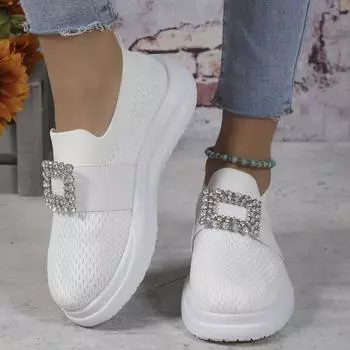 Fly Woven Breathable Single Shoes для женщин с низким голенищем, квадратной пряжкой, стразами на рукавах, Ootboard Shoes для женщин с низким голенищем 23cm бежевый