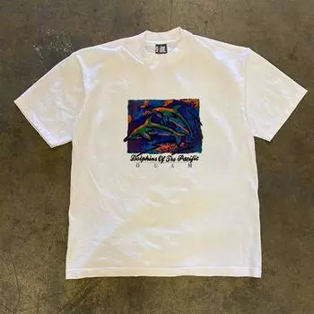 Flying Dolphin Hong Kong Style Men and Women Couple Special-Interest Design Fashion Short Sleeve T-shirt Versatile Loose Top White S 240g Heavy weight pure cotton