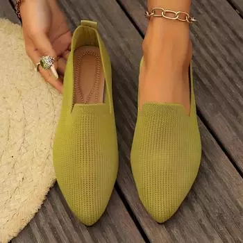 Flyknit остроносые плоские туфли одинарные большие размеры повседневные однотонные женские туфли на плоской подошве с закрытым носком 36 зелёный