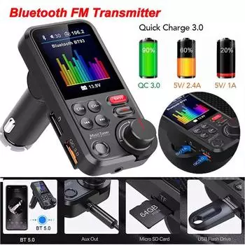 FM-передатчик 1,8-дюймовый цветной экран беспроводной автомобильный комплект громкой связи QC3.0 быстрая зарядка высокие частоты басы автомобильный MP3-плеер чёрный