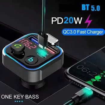 FM-передатчик беспроводной Bluetooth 5.0 Handsfree автомобильный комплект аудио MP3-плеер с Type-C PD 20 Вт + QC3.0 быстрый USB FM-модулятор BT5.0 чёрный