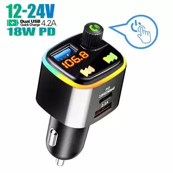 FM-передатчик Bluetooth 5.0 Автомобильный комплект Handfree PD 18 Вт Type-C Dual USB 4.2A Быстрая зарядка Беспроводной окружающий свет MP3-плеер