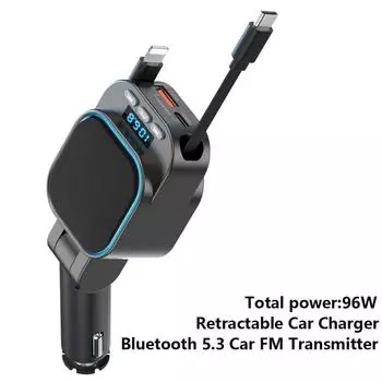 FM-передатчик Bluetooth 5.3 Автомобильный MP3-плеер 96 Вт PD Type-c+QC3.0 Быстрое автомобильное зарядное устройство с 2 выдвижными кабелями для телефона чёрный