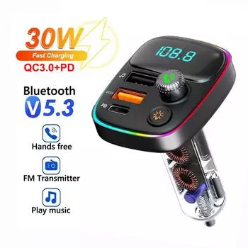 FM-передатчик Bluetooth 5.3 Автомобильный аудиоплеер Handsfree Беспроводной радиомодулятор PD+QC3.0 Двойное USB-зарядное устройство с функцией быстрой зарядки Подсветка