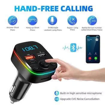 FM-передатчик Bluetooth Car 3.1A Dual USB Port+Type-C Charge Hands-free Call Wireless Aux Audio Radio Modulator MP3-плеер