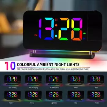 FM-радио 180° Проекционный будильник RGB с RGB ночной подсветкой 6 уровней яркости Двойной выходной порт USB 12H/24H Цифровые светодиодные часы белый