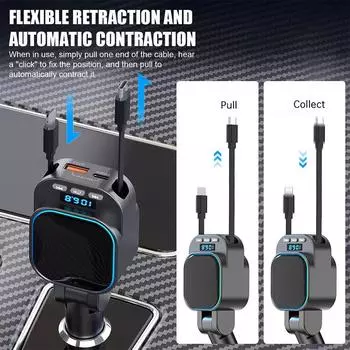 FM Transmitter Bluetooth 5.3 Car MP3 Player 96W PD Type-c+QC3.0 Fast Car Charger With 2 Retractable Cables For Phone