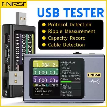 FNIRSI-FNB58 USB-тестер Вольтметр Амперметр TYPE-C Быстрое обнаружение заряда Измерение емкости Измерение пульсации