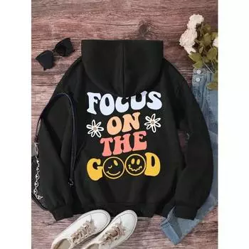 Focus On The Cood Смешная буква Графический принт Толстовка Женская Флис Мягкая Толстовка Свободный S-XXL С капюшоном Повседневная Модная Теплая Толстовка S чёрный