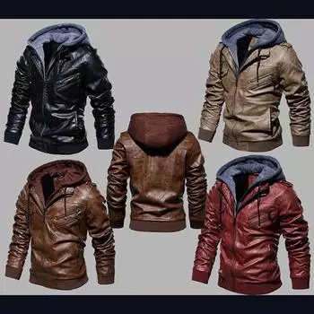 Фольклорная мужская теплая повседневная кожаная куртка с капюшоном осенью и зимой Модная повседневная одежда M