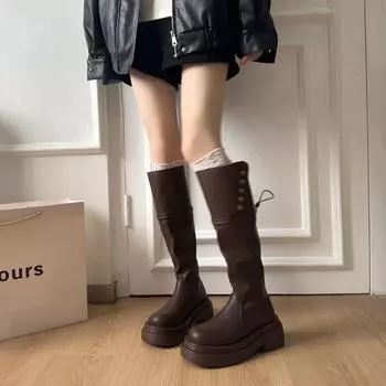 Fold and look thin, pile boots thick heel but knee knight boots two wear long boots retro lightweight wear-resistant black thick sole 35