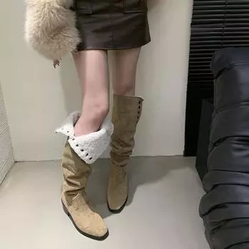 Fold two pleated elastic boots for women s 2024 new square heel platform boots square head suede shoes 35