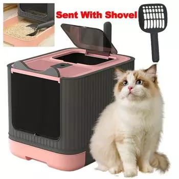Foldable Cat Litter Box Front Entry Top Exit Toilet Box Kitten Sandbox Splashproof Pet Bedpans Litter Scoop Cleaning Cat Supply серый