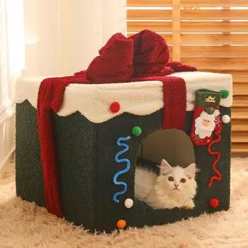 Foldable Christmas Pet House Detachable and Washable Cat House Puppy Cave Sofa Pet Bed House Suitable for Medium and Large Pets 35x35x32cm