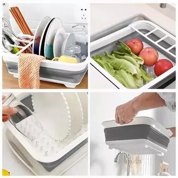 Foldable Dish Rack Kitchen Drainer Tool Bowl Tableware Plate Storage Organizer Holder Portable Fold Drying Home TPR Rack Shelf белый