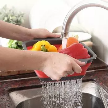 Foldable Fruit Vegetable Washing Basket Strainer Portabl Silicone Colander Collapsible Drainer with Handle Kitchen Tools зелёный