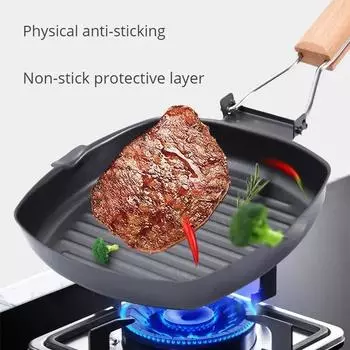 Foldable Frying Pan Portable Picnic Grill Pan Anti-scalding Wooden Handle Outdoor Durable Non-stick Grill Pan Steak Frying Pan