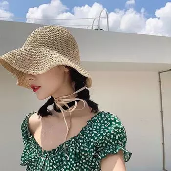 Foldable handmade big edge straw hat women s summer versatile small fresh seaside beach summer sun protection hat M56-58cm бежевый