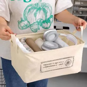 Foldable Laundry Basket with Handle Cotton Linen Bedroom Wardrobe Storage Container Desktop Toys Sundries Sorting Storage Box White