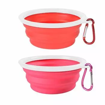 Foldable Pet Dog Portable Water Walking Set of 2 Red x White [Penne] Bowl, Dish, Drinker, Waterer, Feeder, JM-026 (White Pink)