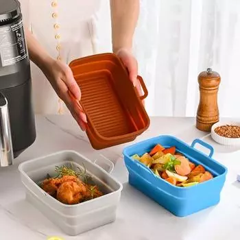 Foldable Silicone Air Fryer Baking Tray, Reusable Pan Liner for Airfryer Accessories Airfryer Silicone Basket темные хаки