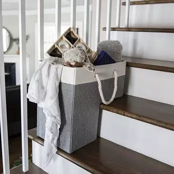 Foldable Stair Basket Cotton Rope Handle Fabric Carpeted Wooden Staircase Storage Organizer Container Holder Collapsible Case