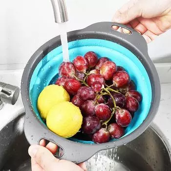 Foldable Strainer Drain Basket Colander Fruit Vegetable Washing Basket With Handle Collapsible Silicon Drainer Kitchen Storage 24.5x20x3cm синий