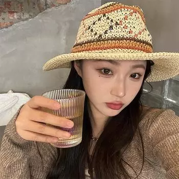 Foldable straw hat women s summer sunshade sunscreen seaside Japanese beach vacation French new fashion woven jazz hat Adjustable бежевый