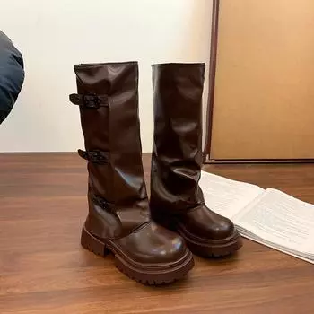 Folded thick heel medium boots women s fashion versatile buckle autumn and winter new thick-soled western cowboy boots stacking boots 35