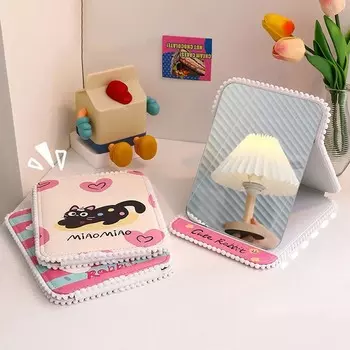 Folding Desktop Stand Mirror High Definition PU Vanity Mirror Cartoon Makeup Mirror Women StyleA