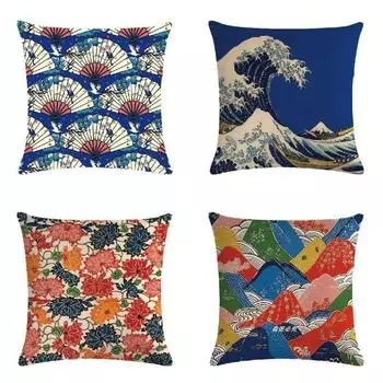 Folding Fan Ukiyo-E Mount Fuji Couch Pillow Fabric 1 piece 40cm pillowcase