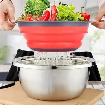 Folding Silicone Drain Basket Collapsible Drainer Space-Saver Fruit Vegetable Washing Basket with Handles Kitchen Storage Tool S синий