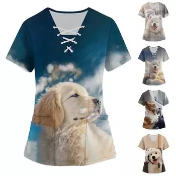 (ФОЛУЛУ)Женские топы с короткими рукавами и v-образным вырезом с принтом, рабочая блузка с карманами S синий