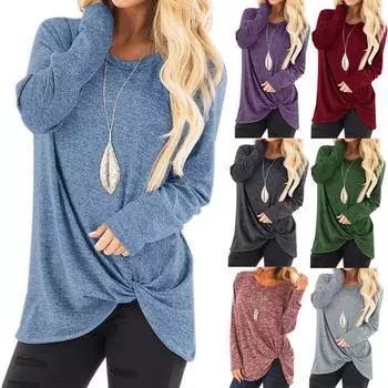 Folulus Женская модная свободная повседневная однотонная футболка с длинным рукавом, блузка, топы S чёрный