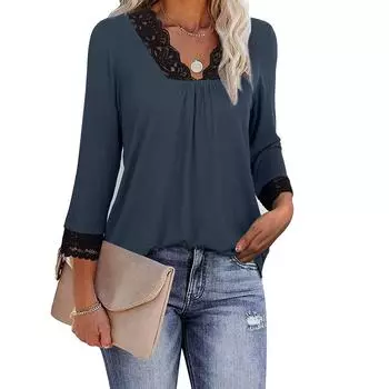 Folulus Женские блузки с рукавом 3/4 и плиссированным верхом с V-образным воротником Рубашки с кружевом
