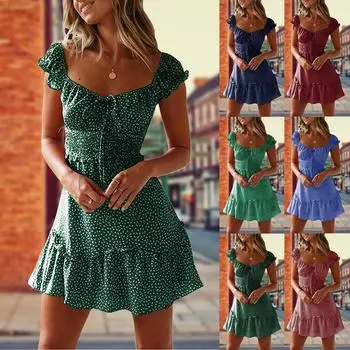 Folulus женское летнее плиссированное платье с вырезом в форме сердца и принтом, мини-платье, сарафан L синий