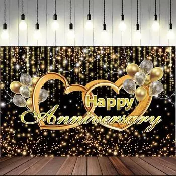 Фон для годовщины с золотым и белым баннером, украшением из золота, капающим блестками и кристаллами, фотографиями