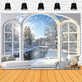 Фон для украшения рождественской вечеринки, имитация оконной ткани, зимний снежный пейзаж, гобелен, подходящий для украшения дома на открытом воздухе 100x75cm